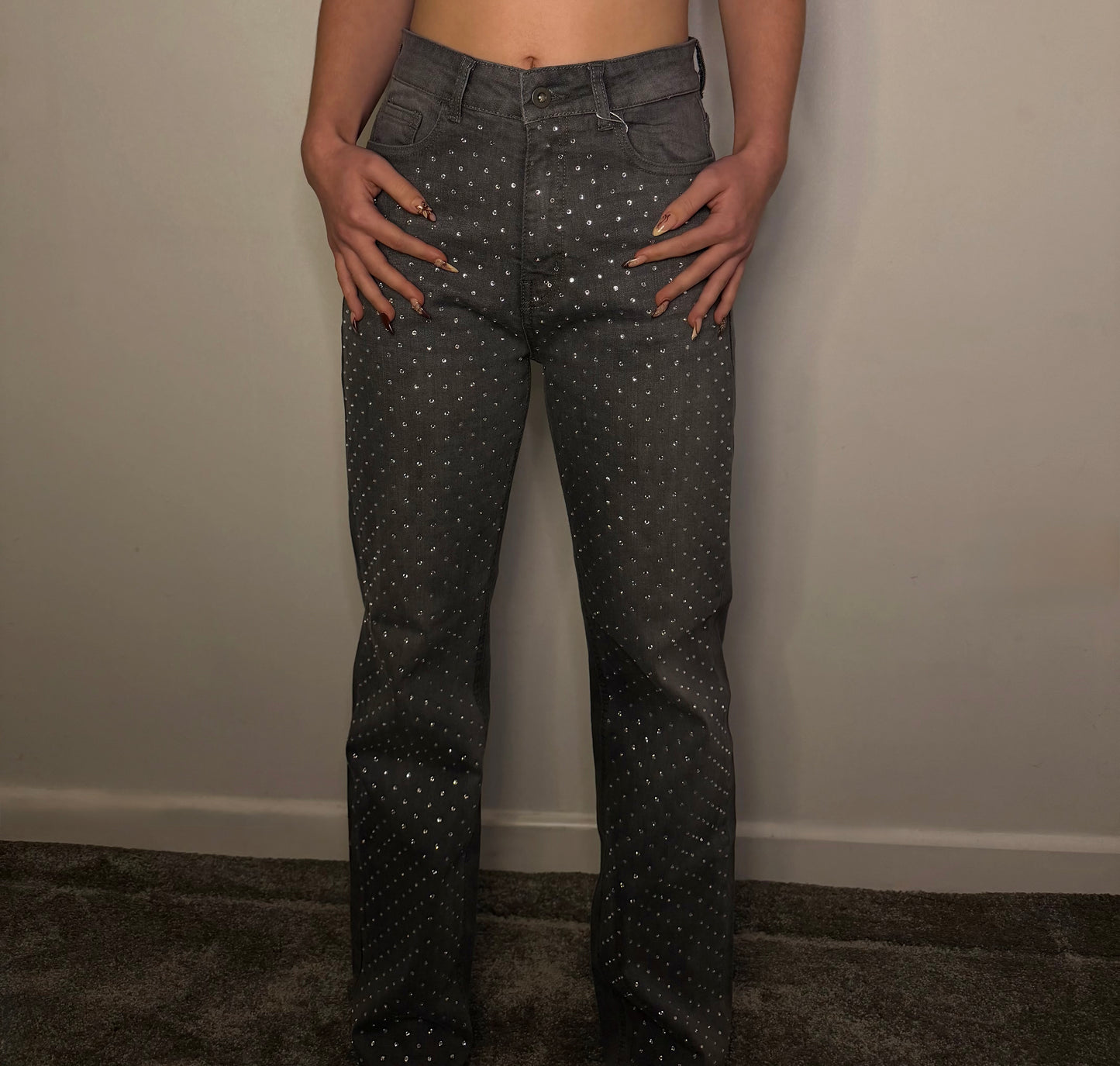 DIAMANTÉ STUDDED FRONT STRAIGHT LEG DENIM JEANS