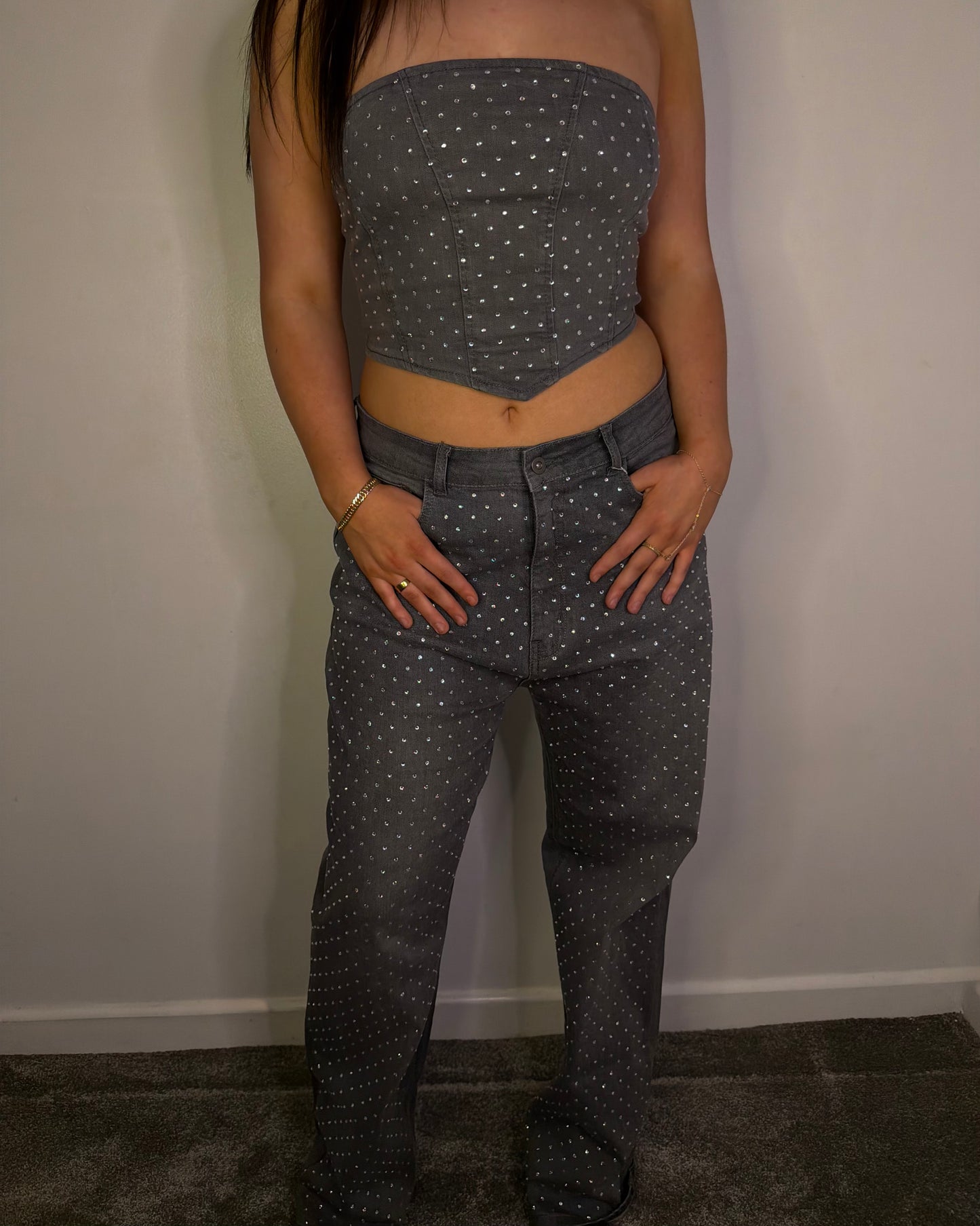 DIAMANTÉ STUDDED FRONT STRAIGHT LEG DENIM JEANS