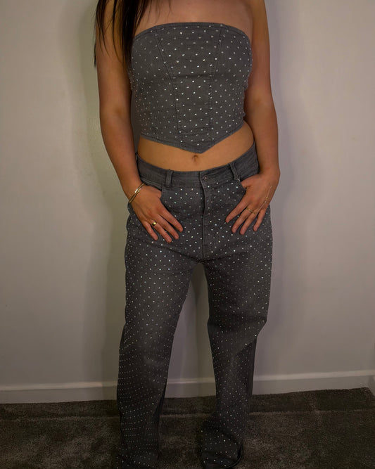 DIAMANTÉ STUDDED FRONT CORSET STYLE BANDEAU DENIM CROP TOP