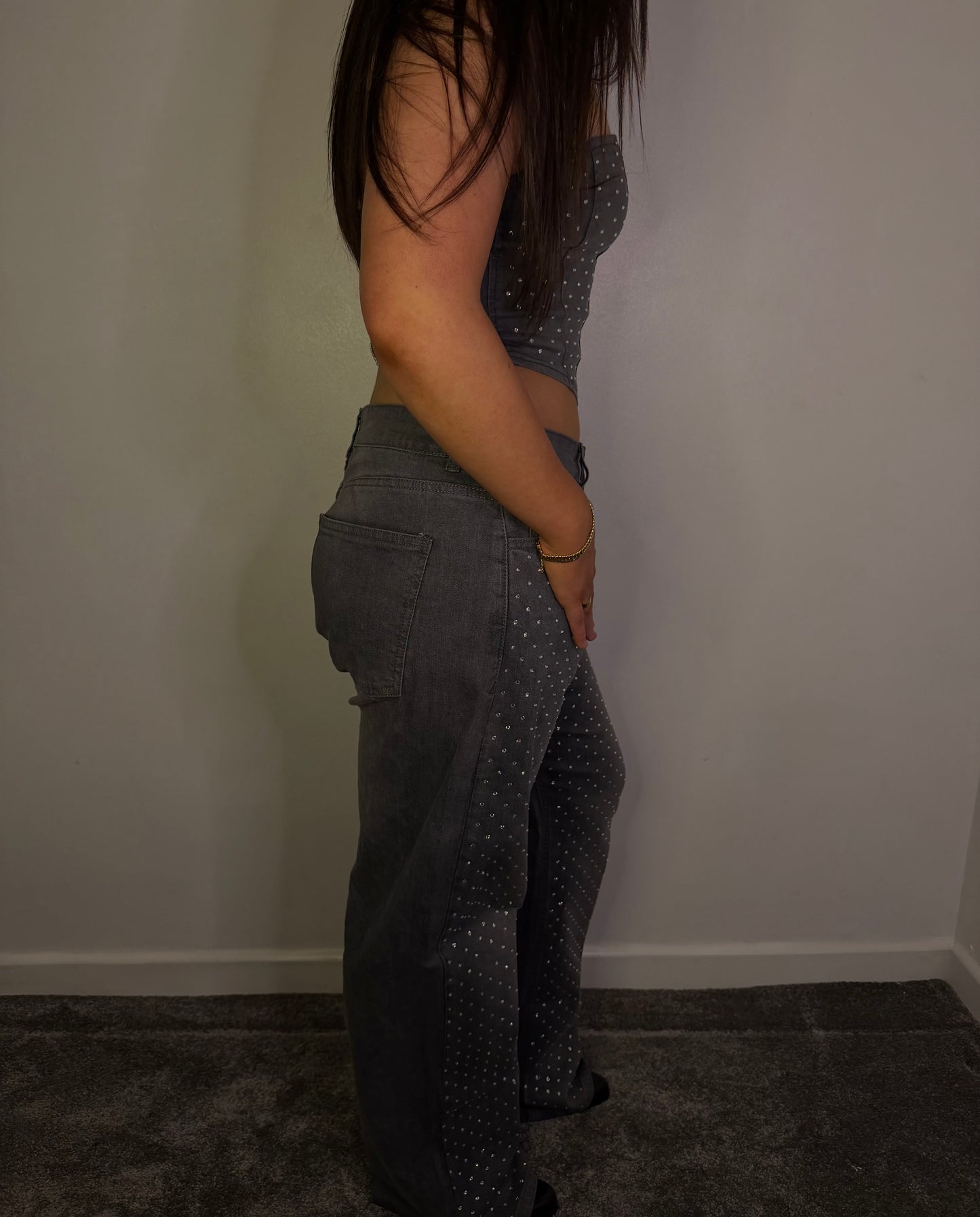 DIAMANTÉ STUDDED FRONT STRAIGHT LEG DENIM JEANS